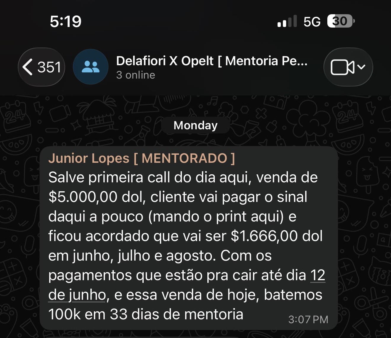 Print do grupo: Junior Lopes anuncia venda de 5 mil dólares e 100 mil reais em 33 dias